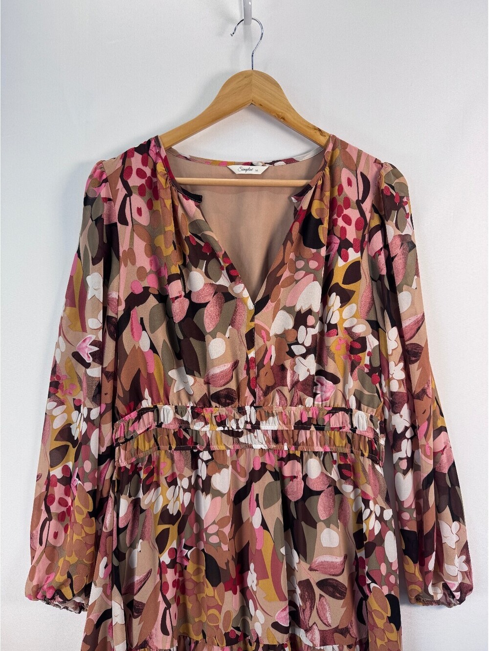 Boho Floral Maxi Dress Tiered Fall Wedding Guest V Neck Long Sleeve Womens XL - Picture 3 of 8